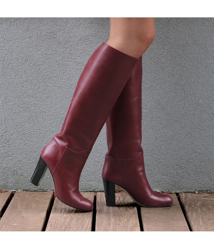 Burgundy Calf Leather Knee High Boots Doun 