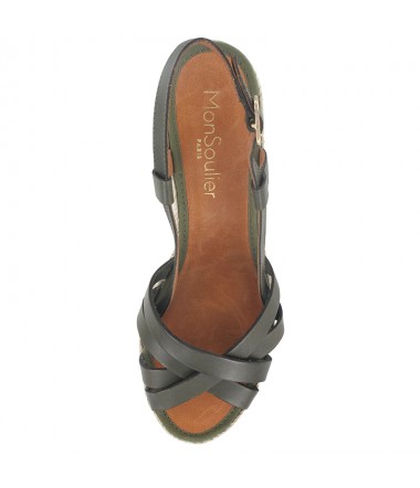 Kaki leather wedge espadrille sandal 