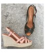 Kaki and pink leather wedge espadrilles 