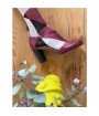 Burgundy leather t strap shoes with funky stockings