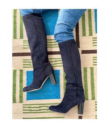 Navy blue suede leather knee high boots SYLVIE