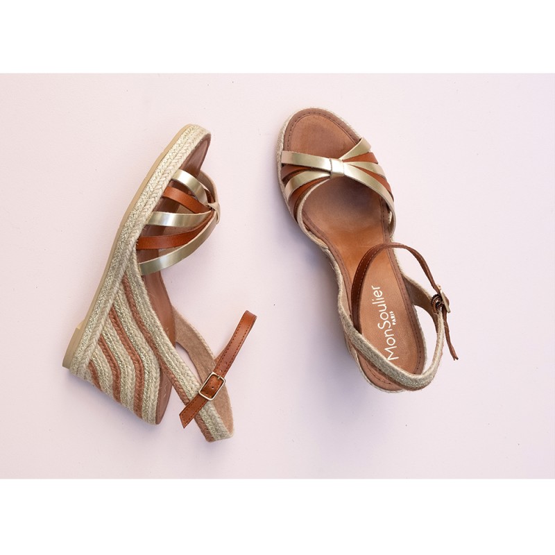 Gold and camel leather wedge espadrilles 