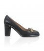 Black patent and gold heel loafers