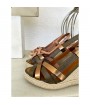Kaki leather wedge espadrille sandal 