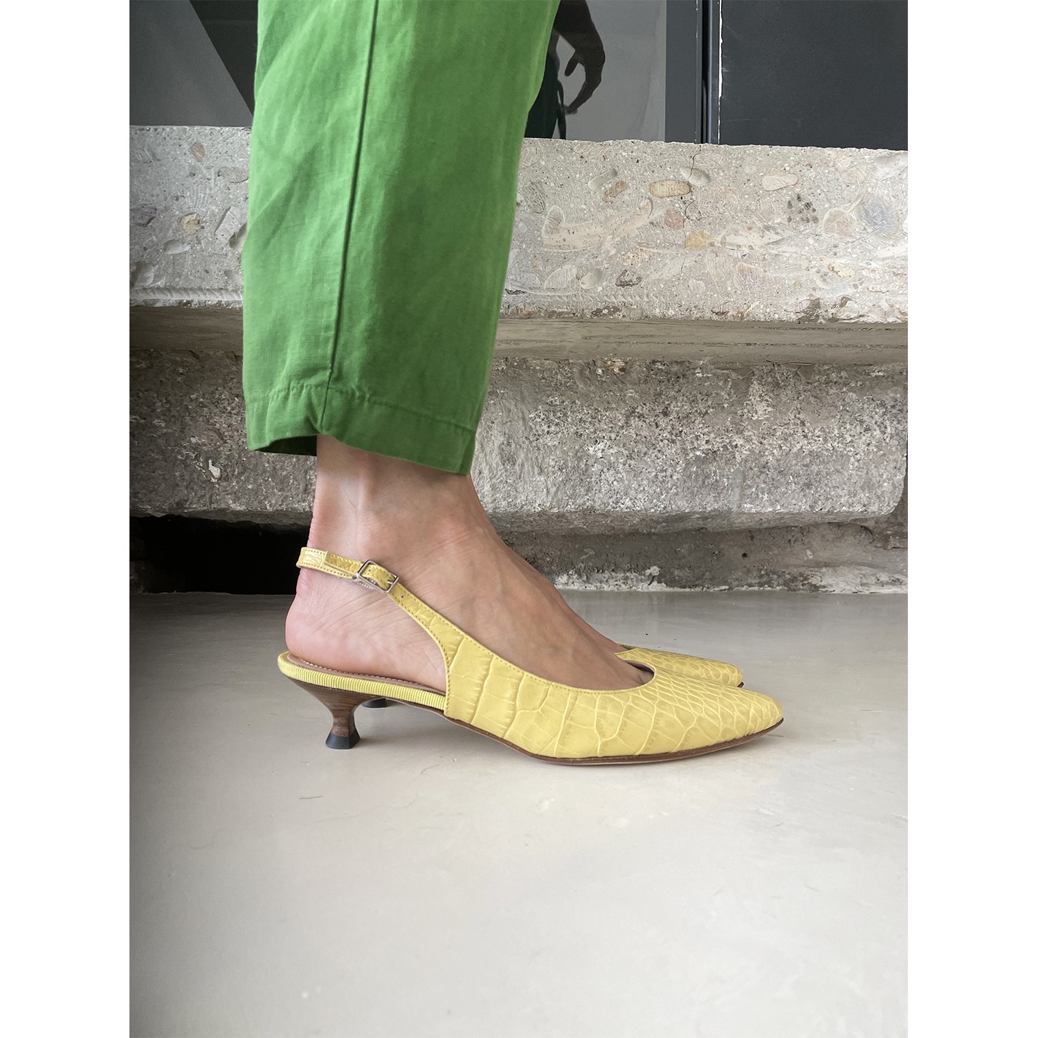 Yellow Checkered Spool Heel Slingback Pumps - CHARLES & KEITH BE