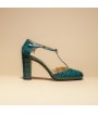Green leather t strap pump  JUSTINE