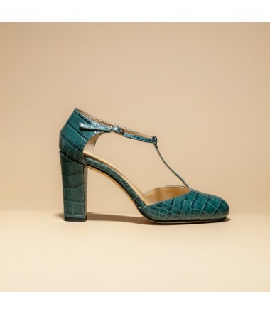 Green stamped leather t strap pump  JUSTINE