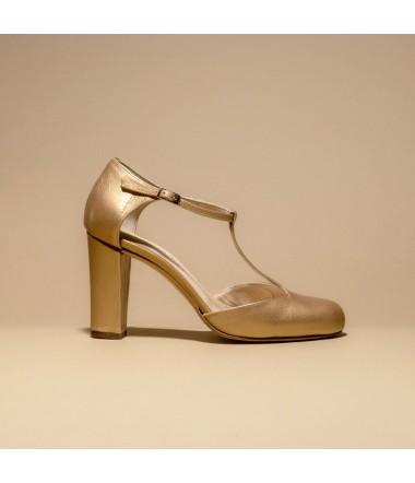 Gold leather t strap pump  JUSTINE