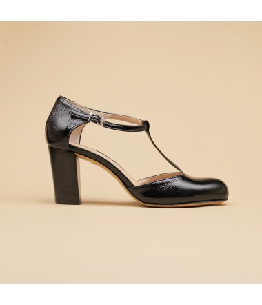 Black leather t strap pump 6cm heel  JUSTINE