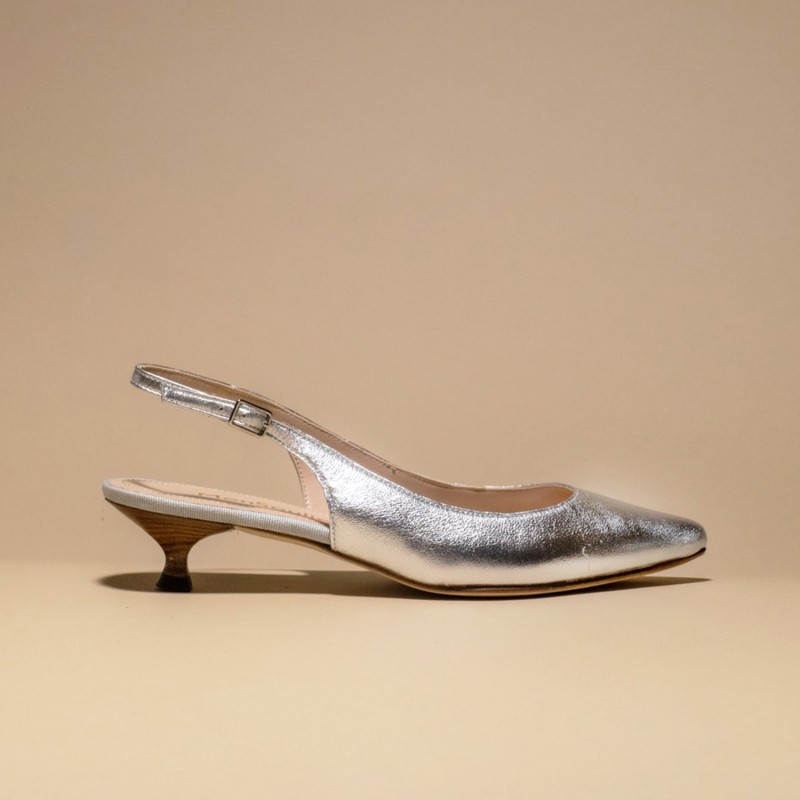 Silver leather kitten heel slingback made in Italy 