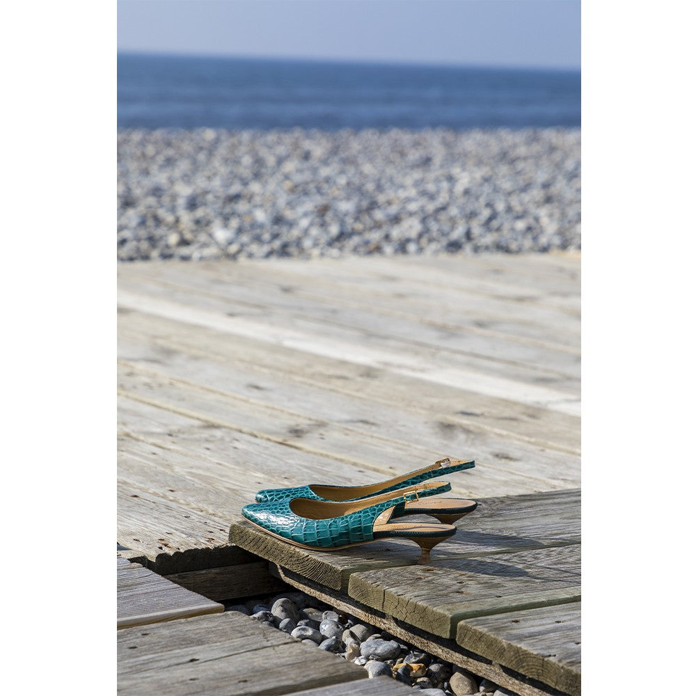 Escarpin petit talon cuir vert fabrication italie 