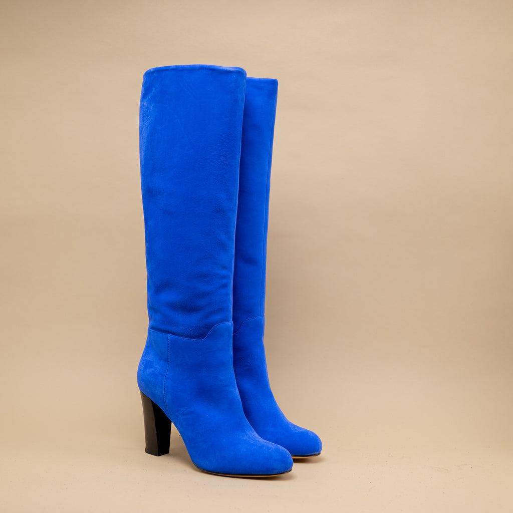 Bottes femme forme tube en daim bleu, fabrication italie