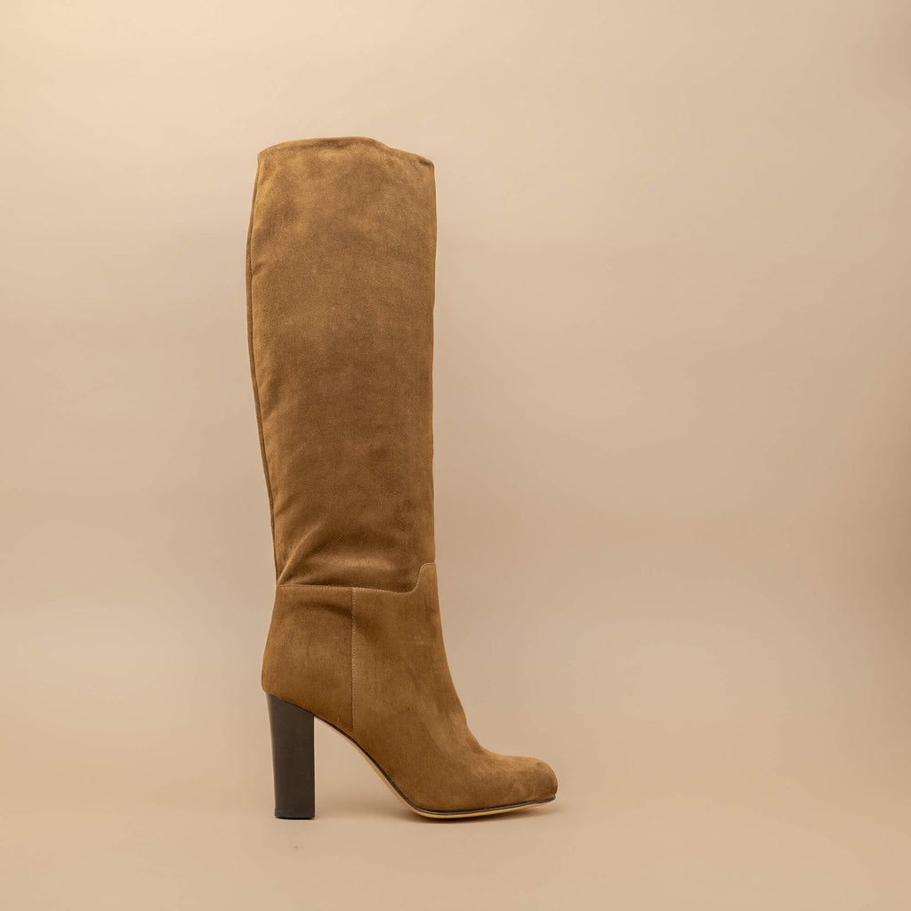 Botte tube daim marron talon droit 8 cm  -vue de profil 