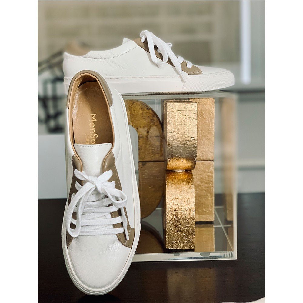 baskets femme cuir blanc et beige