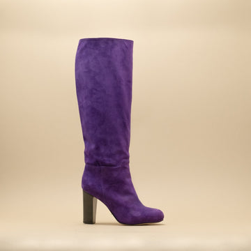 Bottes femme forme tube en daim violet, vue de profil