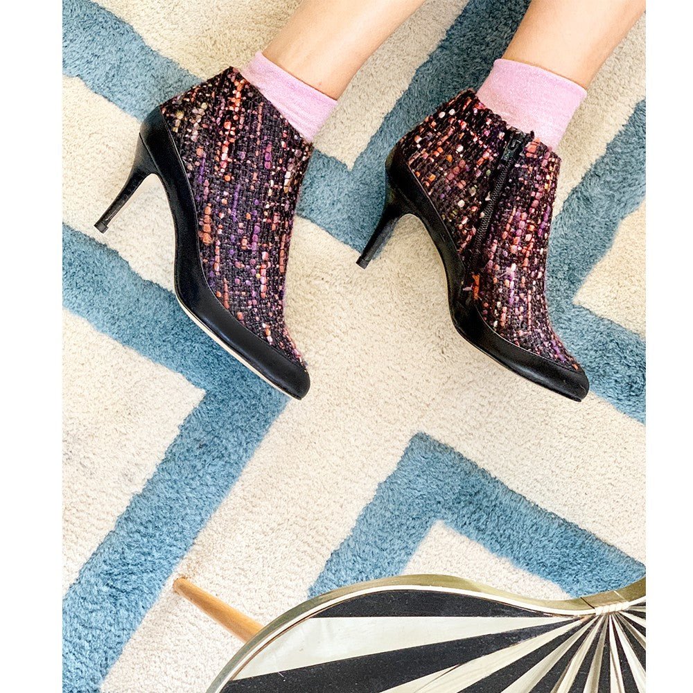 Bottines pointues tweed et cuir 