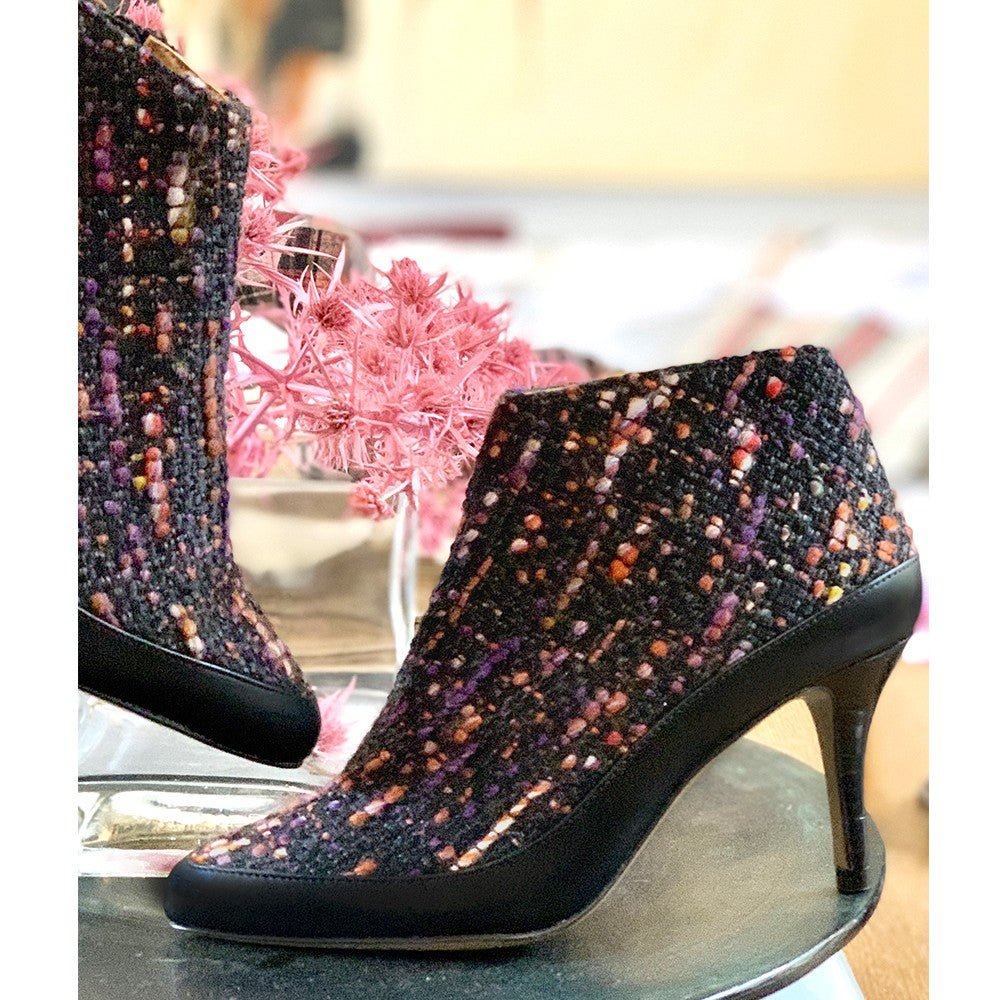 Bottines pointues tweed et cuir 