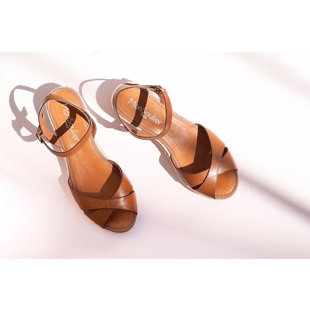  Sandales espadrilles petit talon cuir camel - vue de haut