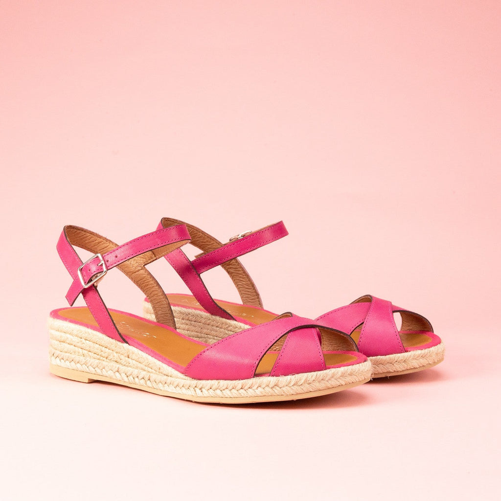 Espadrille petit talon cuir fuchsia Burgos