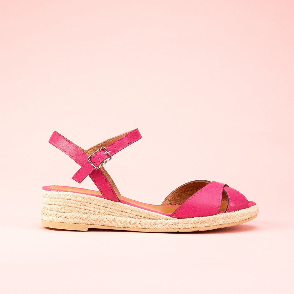 Espadrille petit talon cuir fuchsia Burgos