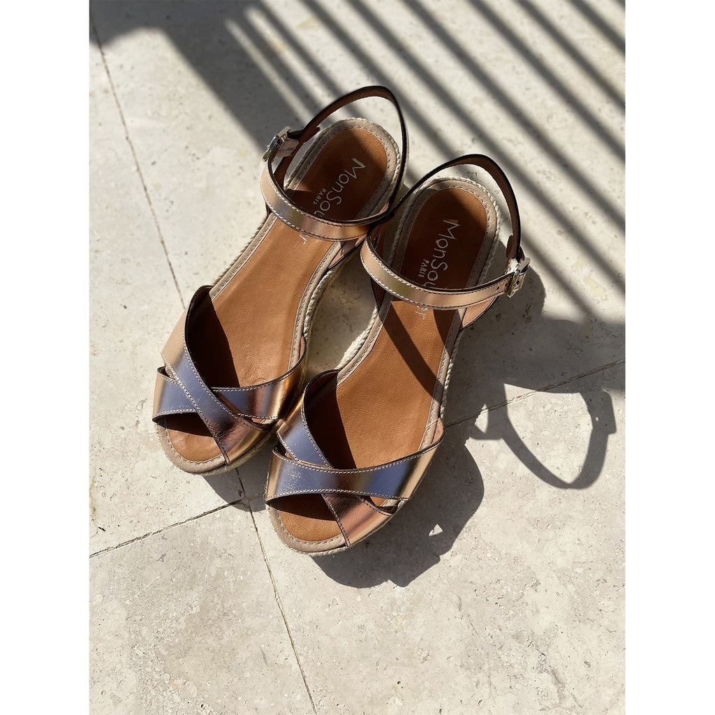 Espadrille compensée petit talon cuir rose metal