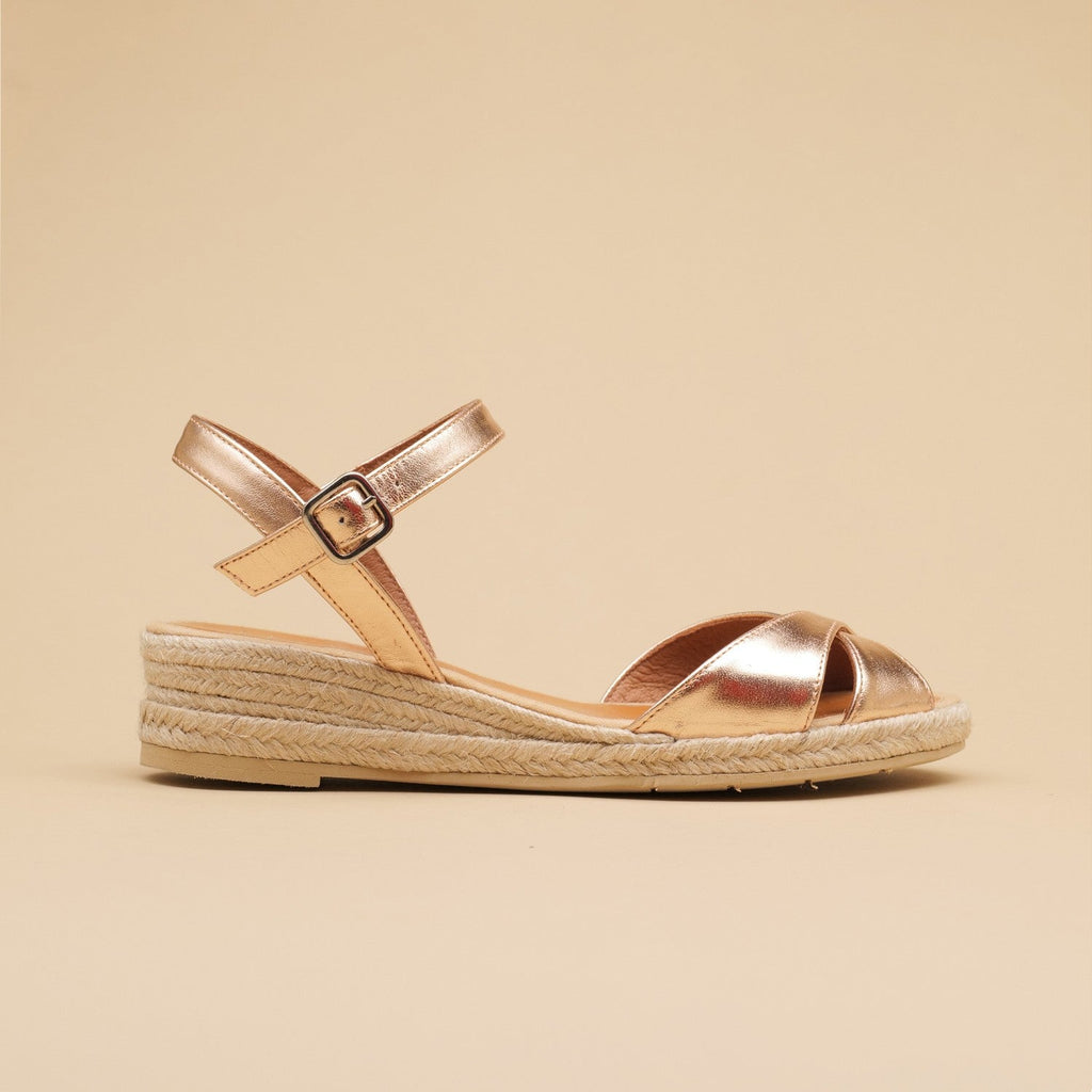 Espadrille compensée petit talon cuir rose metal