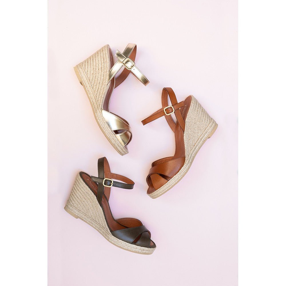 Espadrilles compensées cuir en 3 couleurs kaki or et camel