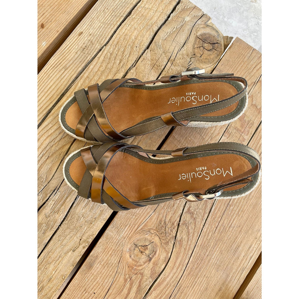 Espadrilles compensées cuir kaki