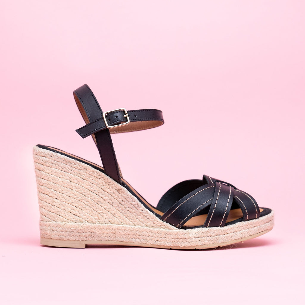 Espadrilles compensées cuir noir  ELDA