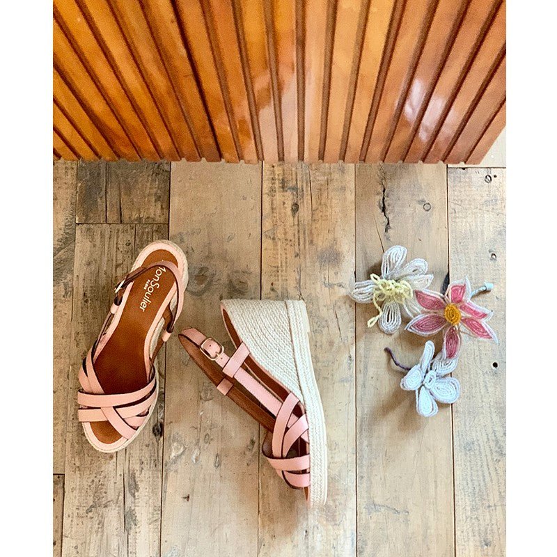 Espadrilles compensées cuir rose poudré