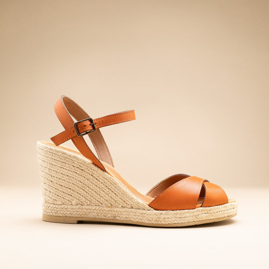 Sandales espadrille compensée cuir orange-profil