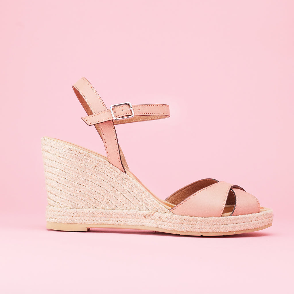 Espadrilles compensées Madrid en cuir rose poudré – vue de profil avec talon 6 cm