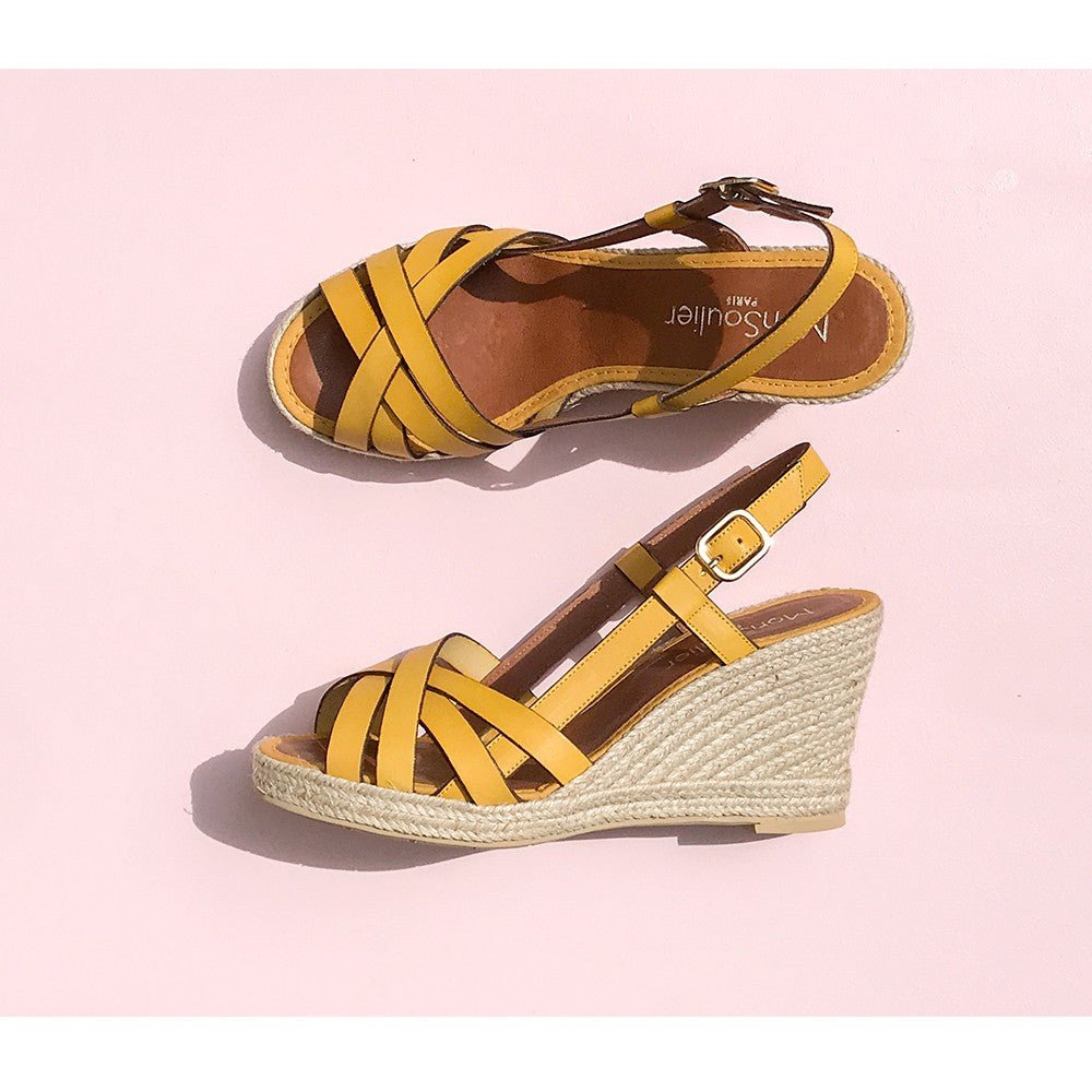 Espadrille compensée cuir jaune safran