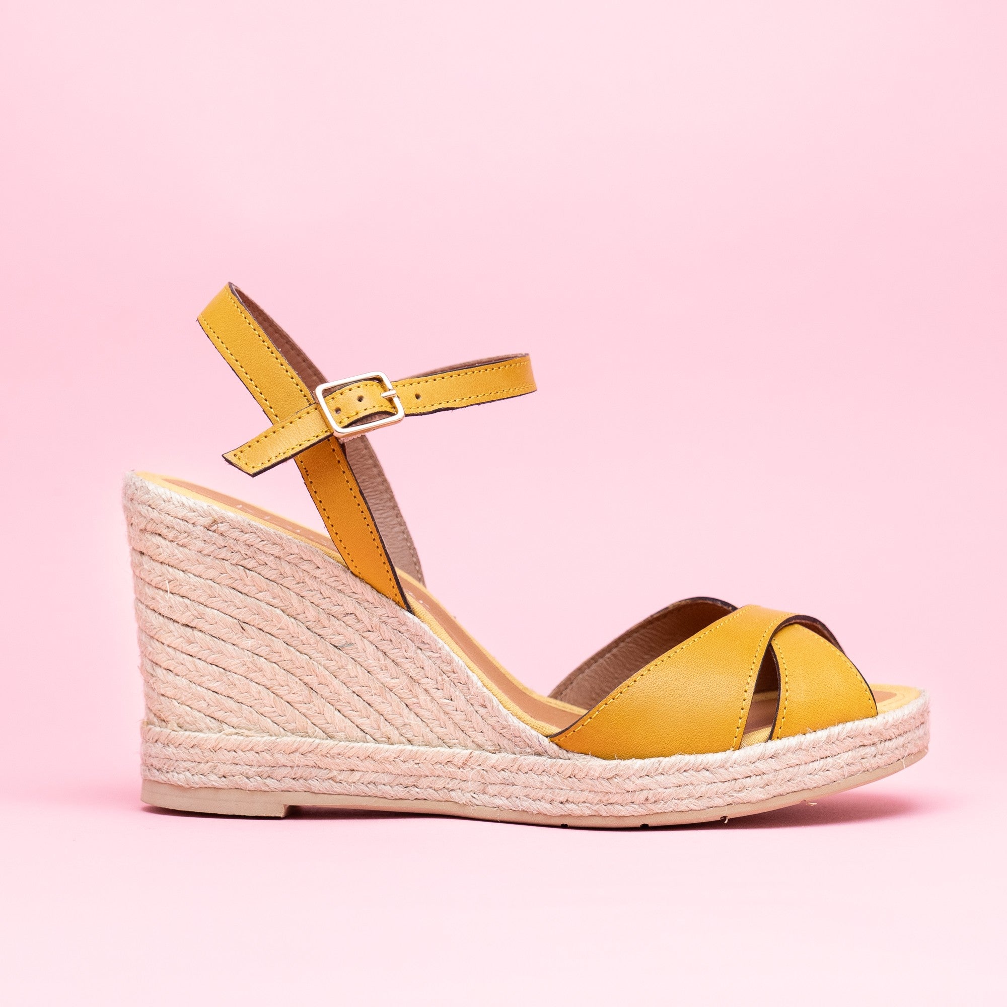 yellow leather wedge ankle strap espadrille – Mon Soulier