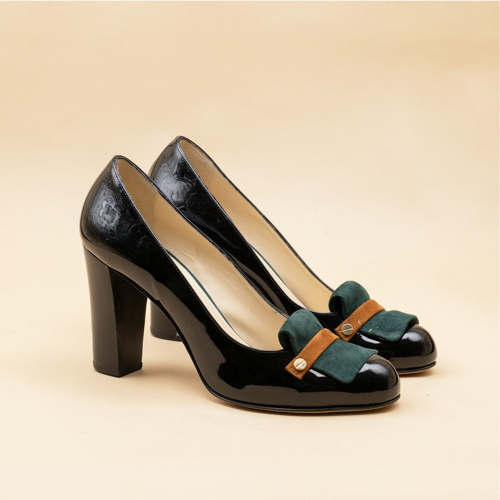 Escarpin façon mocassin cuir noir et vert foncé
