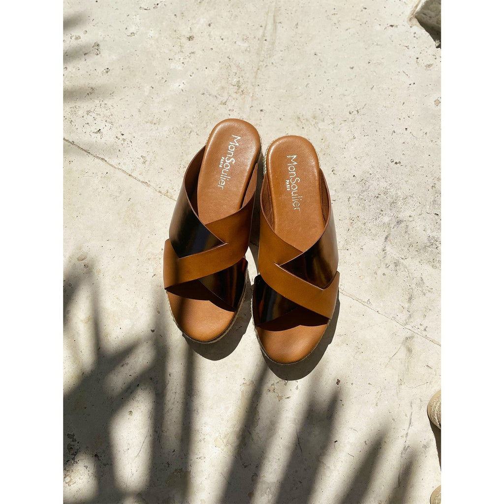 Mule plateforme cuir camel et bronze 