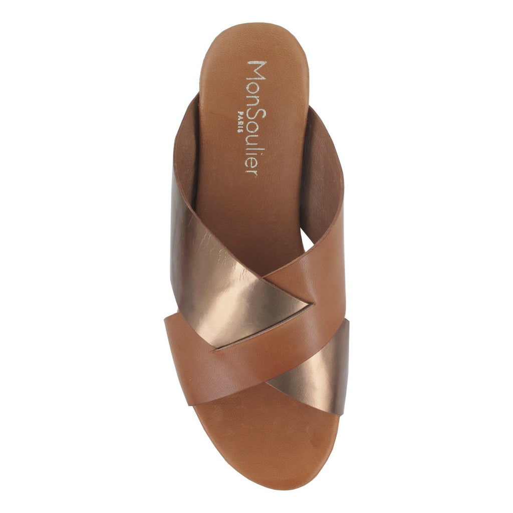 Mule plateforme cuir camel et bronze 