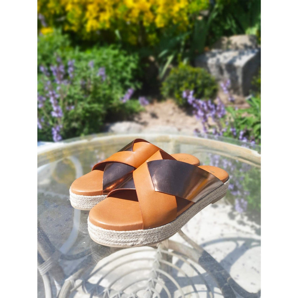 Mule plateforme cuir camel et bronze 