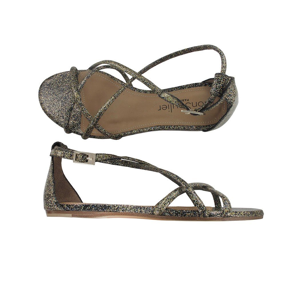 Sandales plates cuir noir paillettes mon soulier