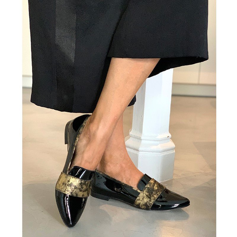 Slipper femme cuir vernis et cuir or et noir fabrique en Italie Mon Soulier